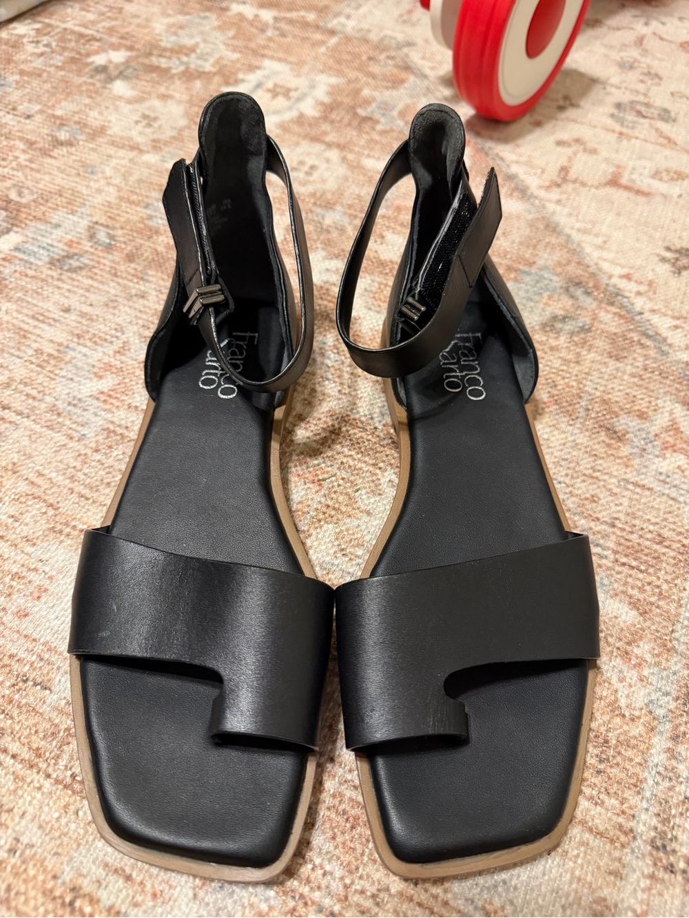 Franco Sarto Black Leather Square-Toe Ankle-Strap Sandals